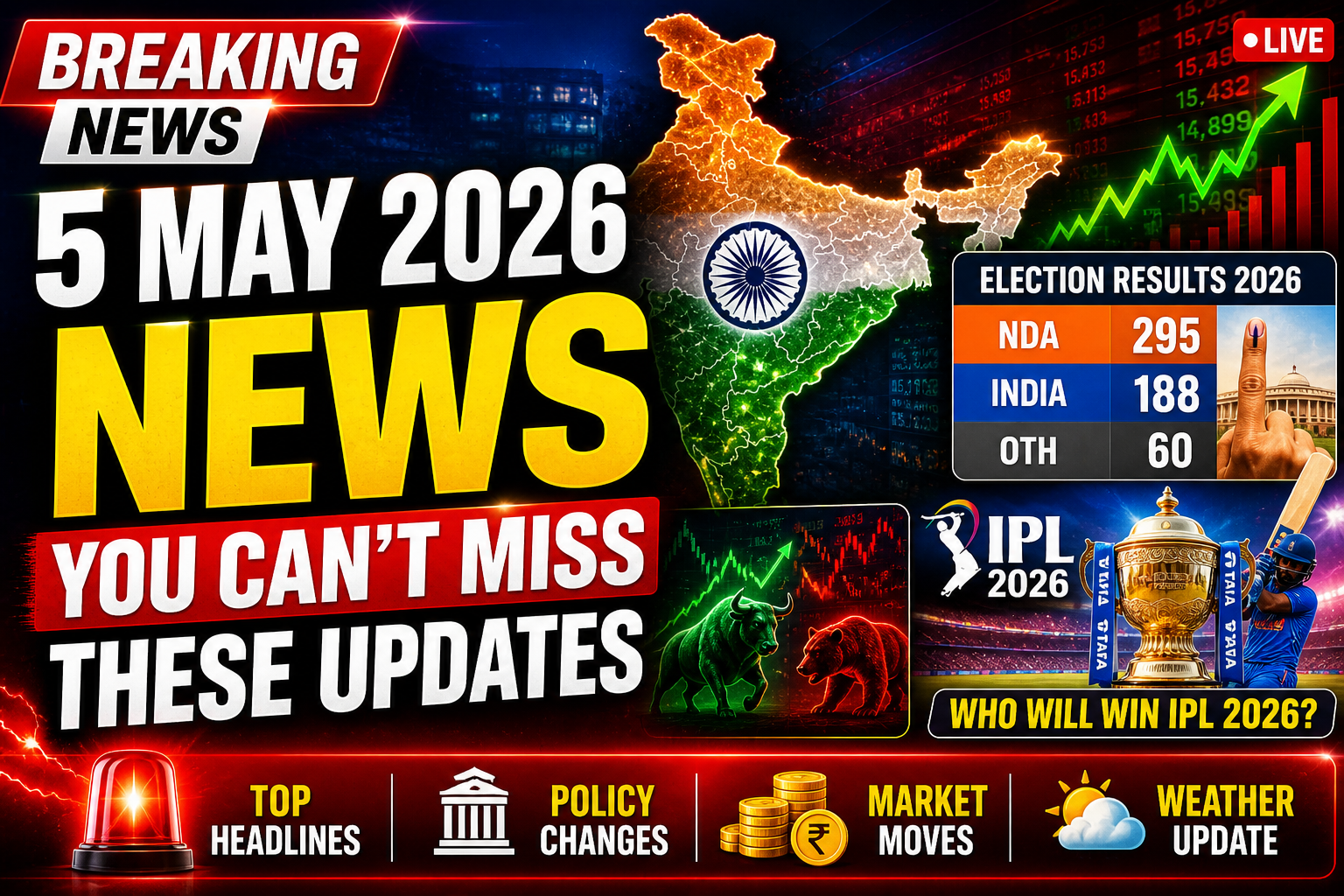Breaking news thumbnail showing bold text “5 May 2026 News – You Can’t Miss These Updates”, red alert banner, India map background, election results graphics, stock market chart lines, and IPL cricket visuals with dramatic lighting